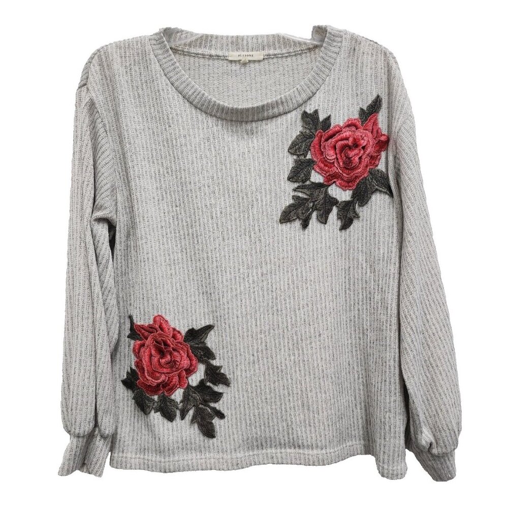 Pleione Womens BOHO Cottage Sweater Small Gray Floral Balloon Sleeve Pullover
